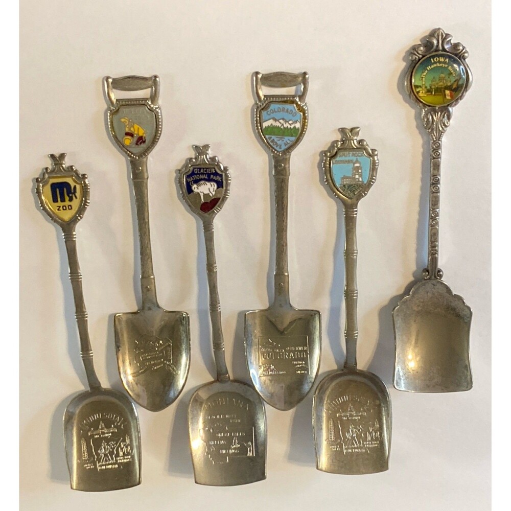 6 Souvenir Spoon Shovel style Enamel State Crest Embossed Bowl Vintage Travel